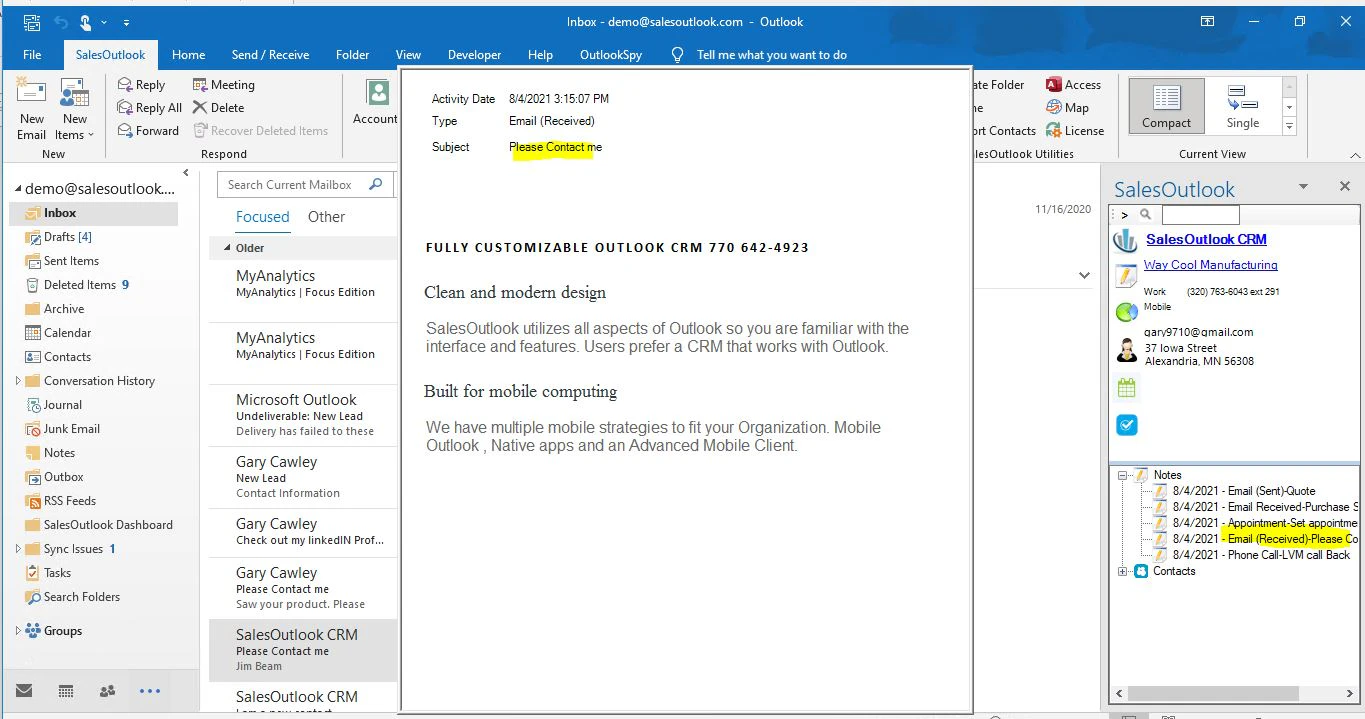 screenshot of SalesOutlook CRM